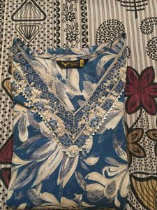 Blue Floral Print Kurta with Embellished Neckline