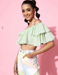 Chic Gingham Off-Shoulder Ruffle Crop Top