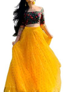 "Festive Yellow Lehenga Set | Floral Crop Top