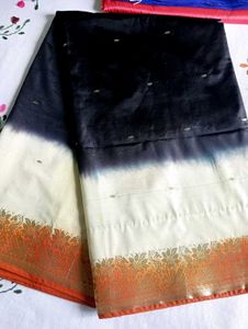 Elegant Black & White Saree with Orange Border