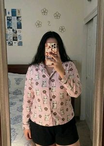 Pink Owl Print Button-Up Shirt