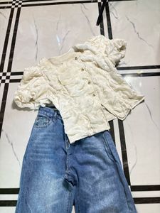 Cream Textured Puff Sleeve Top &amp; Wide Leg Jeans