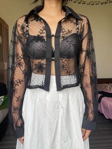 Sheer Black Lace Cropped Blouse