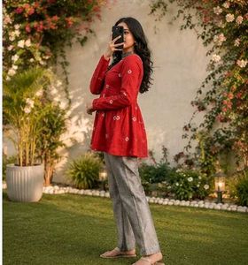 Red Printed Peplum Kurta _M
