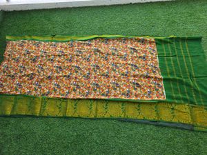 Vibrant Yellow Printed Saree with Green Border