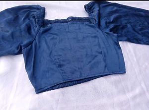 satin Navy Blue Square Neck Puff Sleeve Top