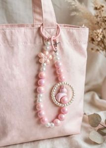 Pink Bunny Pearl Beaded Keychain - Cute Flower Cha