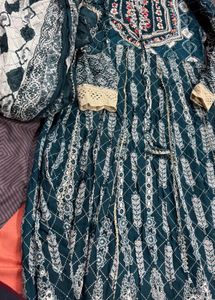 Teal Printed Kurta with Lace Detail