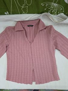 Zudio Dusty Pink Two-Way Zip Crinkle Cardigan Top