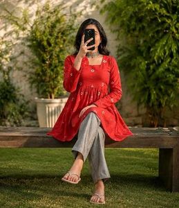 Red Printed Peplum Kurta _M