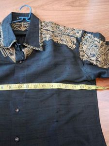 Elegant Black Silk Shirt with Gold Embroidery