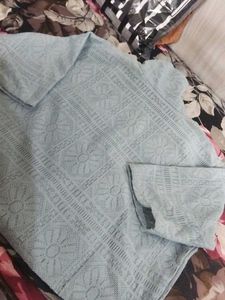 Light Blue Textured Button-Up Top