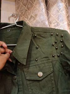 Olive Green Studded Denim Jacket