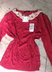 Chic Red Top with Lace Collar