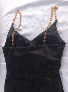satin Black Dress padded with Gold Chain Straps