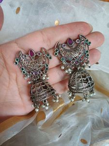 Brass Silverlookalike antique Jhumka Earring
