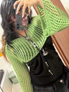 Y2K Boho Green Crochet Sheer Long Sleeve Top