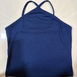 Blue Halter Ribbed Crop Top