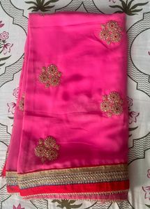 Bubblegum Pink Saree Heavy work &amp; Red velvet borde