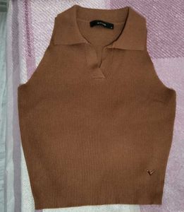 Brown Ribbed Sleeveless Collared Top