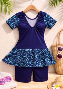 Stylish Blue Swimsuit with Skirt