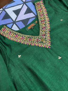 Elegant Green Kurta with Embellished Neckline