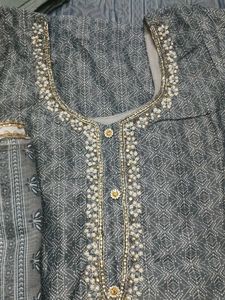 Elegant Grey Printed Kurta Set with Dupatta