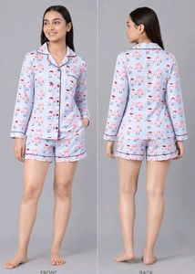Women Blue & Pink Donut Coffee Printed Night Suit
