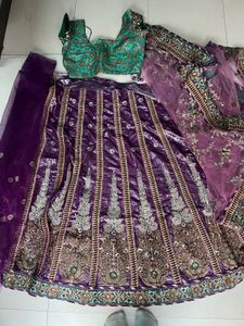 Purple &amp; Green Embroidered Lehenga