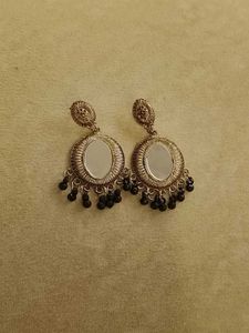 2PAIR Boho Silver Jhumka Earrings with Black Beads