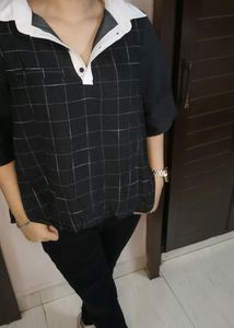Women Black Shirt Pleated Check Top