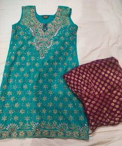 Embellished Teal Kurta Salwar Set