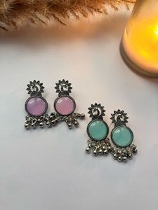 Peacock Design Earrings - Pink &amp; Teal