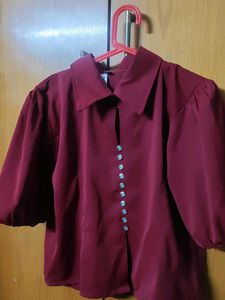 Maroon Puff Sleeve Buttoned Top
