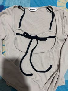 Ribbed Long Sleeve Top with Bow Detail
