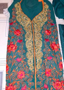 Embroidered Teal Kurta Set with Orange Accents