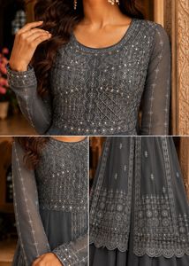 Elegant Grey Embroidered Anarkali Gown
