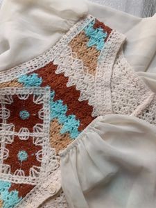 Boho Crochet Button-Up Top with Sheer Sleeves
