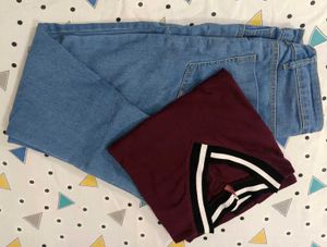 Classic Blue Denim Jeans & Maroon Tee