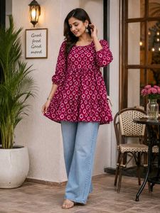 Vibrant Pink Ikat Print Tiered Kurti