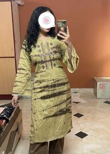 Olive Yellow Tie-Dye  y2k Embroidered Kurti