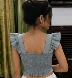 Women's Grey Checkered Ruffle Sleeve Front Tie-Up