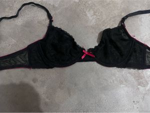 Black Lace Mesh Underwire Bra with Hot Pink Trim &amp;