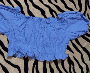 Blue Smocked Off-Shoulder Puff Sleeve Top