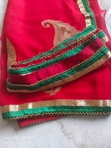 Bright Red Chiffon Saree With Border