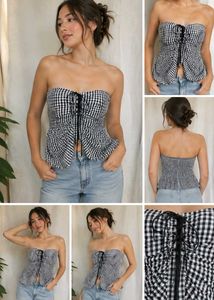 Gingham Lace-Up Tube Top y2k