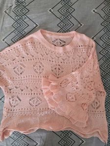 Sheer Pink Knit Sweater with Ruffle Sleeves