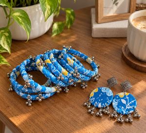 Boho Blue Floral Bangles &amp; Earrings Set