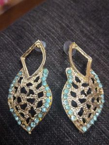Gold &amp; Teal Leaf Earrings
