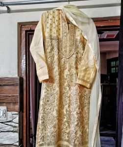 heavy real mirror &amp; zari work tissue kurta set